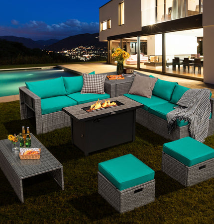 9 Pieces Patio Furniture Set with 42 Inches 60000 BTU Fire Pit - Turquoise - Fire Pits | Patioza