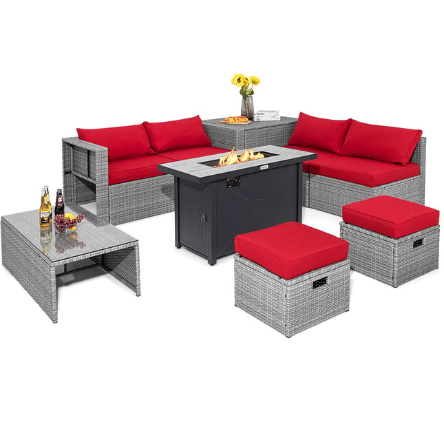 9 Pieces Patio Furniture Set with 42 Inches 60000 BTU Fire Pit - Red - Fire Pits | Patioza