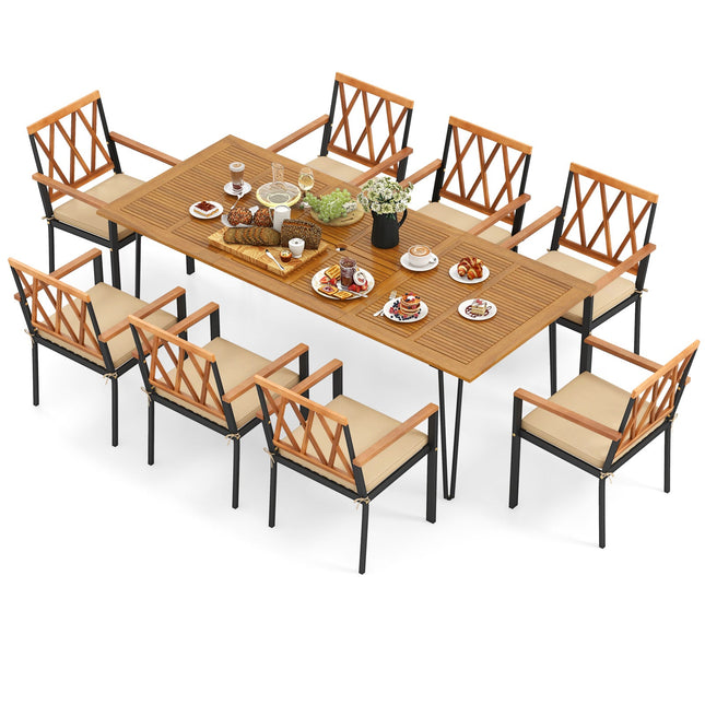 Acacia Wood Outdoor Furniture Set 9 Pieces Patio Dining Set with 8 Chairs - Patio Furniture | Patioza