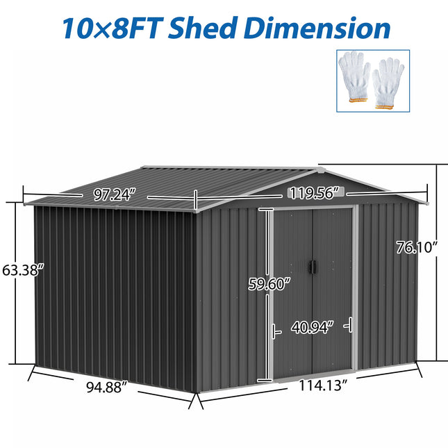 10X8 FT outdoor tool storage shed with metal foundation and lockable door, all - weather metal shed, gray - Storage Sheds | Patioza