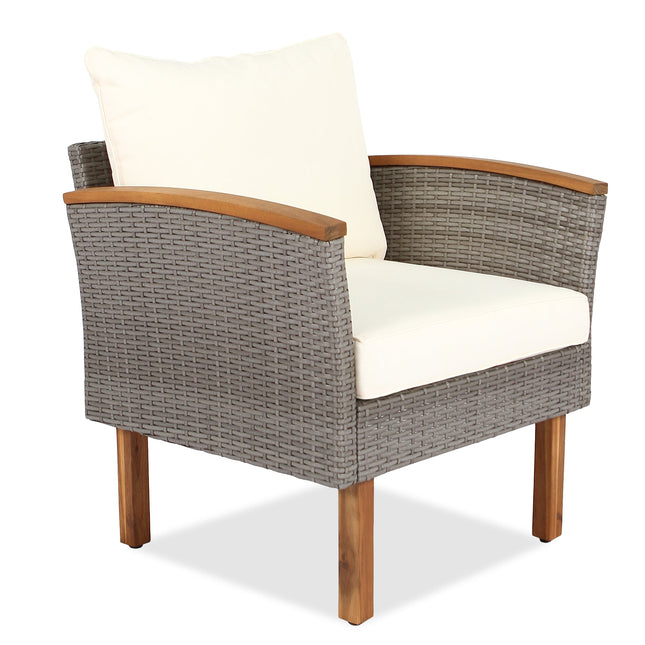 9 - piece Patio rattan furniture set with Acacia wooden legs and tabletop sofa set, coffee table washable cushion beige - Patio Furniture | Patioza