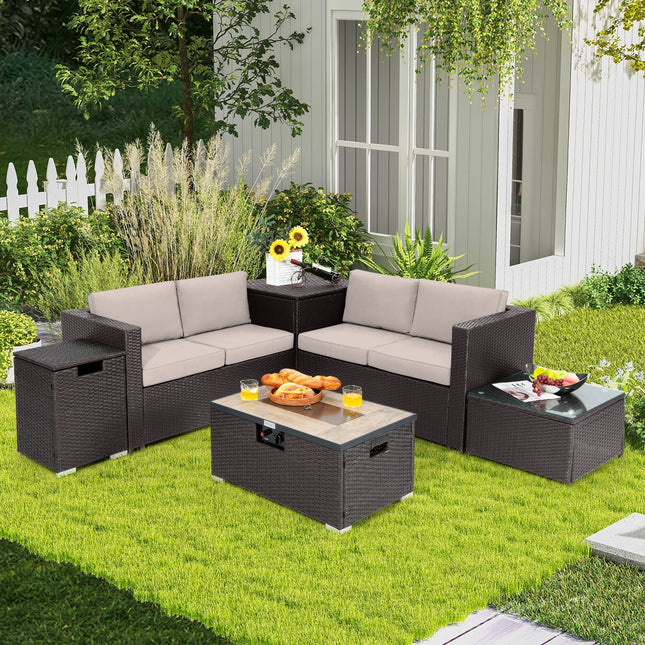 6 Pieces Outdoor Wicker Furniture Set with 32 Inch Propane Fire Pit Table - | Patioza