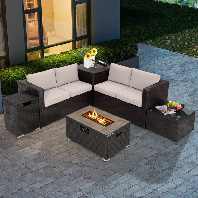 6 Pieces Outdoor Wicker Furniture Set with 32 Inch Propane Fire Pit Table - | Patioza
