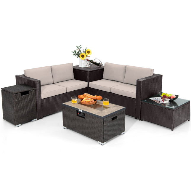 6 Pieces Outdoor Wicker Furniture Set with 32 Inch Propane Fire Pit Table - | Patioza