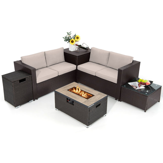 6 Pieces Outdoor Wicker Furniture Set with 32 Inch Propane Fire Pit Table - | Patioza