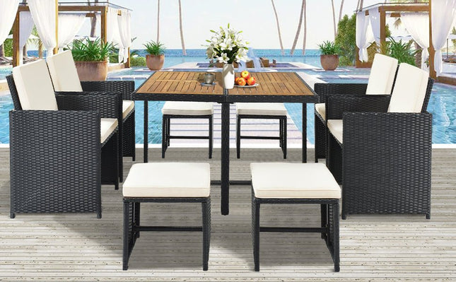 TOPMAX Patio All - Weather PE Wicker Dining Table Set with Wood Tabletop for 8, Black Rattan+Beige Cushion (9 - Piece) - Patio Furniture | Patioza