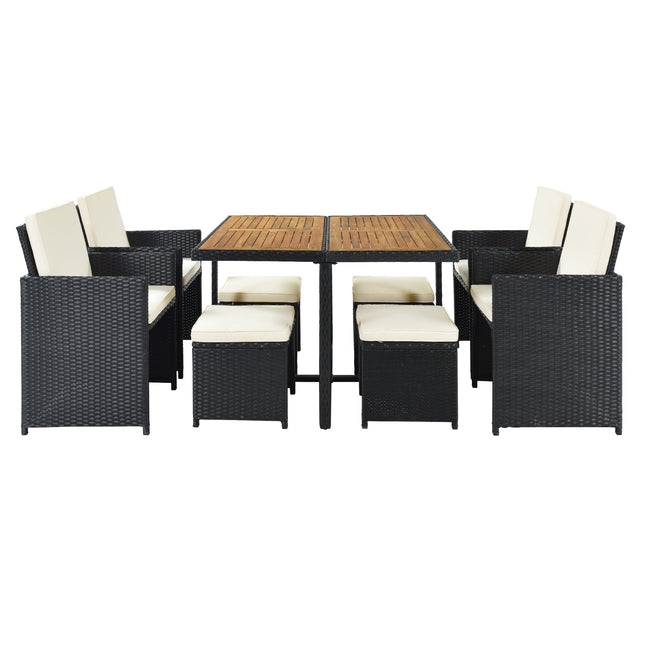 TOPMAX Patio All - Weather PE Wicker Dining Table Set with Wood Tabletop for 8, Black Rattan+Beige Cushion (9 - Piece) - Patio Furniture | Patioza