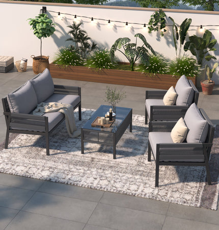 Outdoor Furniture with Tempered Glass Table Deep Seating with Thick Cushion for Backyard Porch Balcony (Grey) - Patio Furniture | Patioza