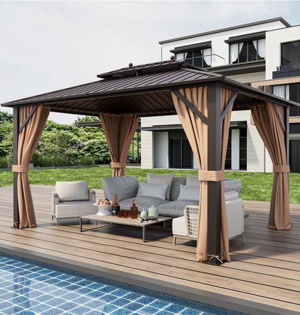 10x13ft Double - Roof Patio Hardtop Gazebo with Galvanized Steel Roof Netting and Curtains - Coffee - Gazebos | Patioza
