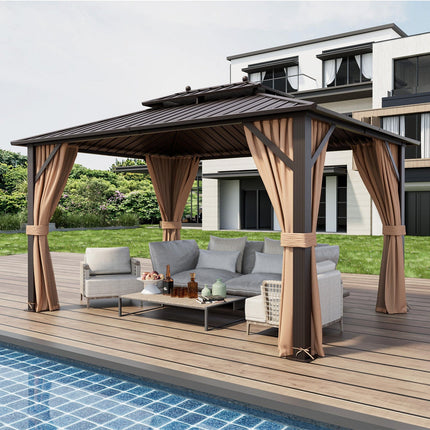 10x13ft Double - Roof Patio Hardtop Gazebo with Galvanized Steel Roof Netting and Curtains - Coffee - Gazebos | Patioza