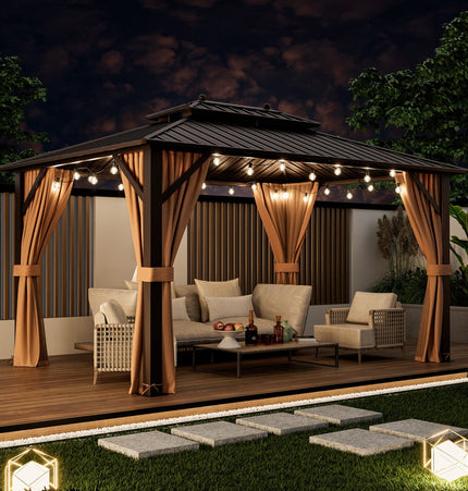 10x13ft Double - Roof Patio Hardtop Gazebo with Galvanized Steel Roof Netting and Curtains - Coffee - Gazebos | Patioza