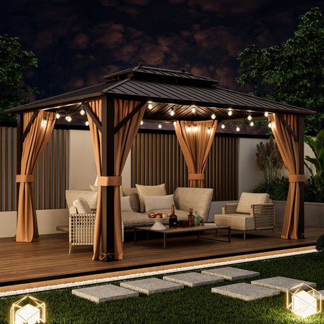 10x13ft Double - Roof Patio Hardtop Gazebo with Galvanized Steel Roof Netting and Curtains - Coffee - Gazebos | Patioza