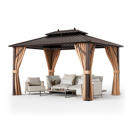 10x13ft Double - Roof Patio Hardtop Gazebo with Galvanized Steel Roof Netting and Curtains - Coffee - Gazebos | Patioza