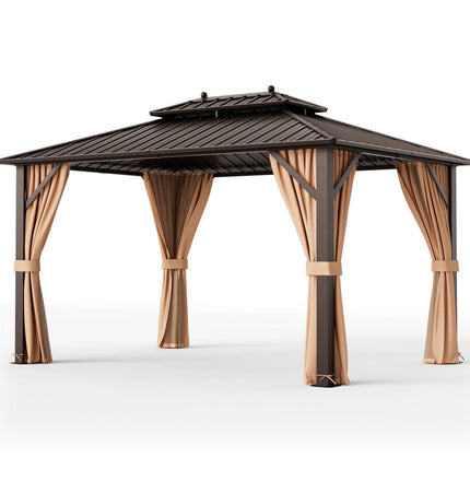 10x13ft Double - Roof Patio Hardtop Gazebo with Galvanized Steel Roof Netting and Curtains - Coffee - Gazebos | Patioza