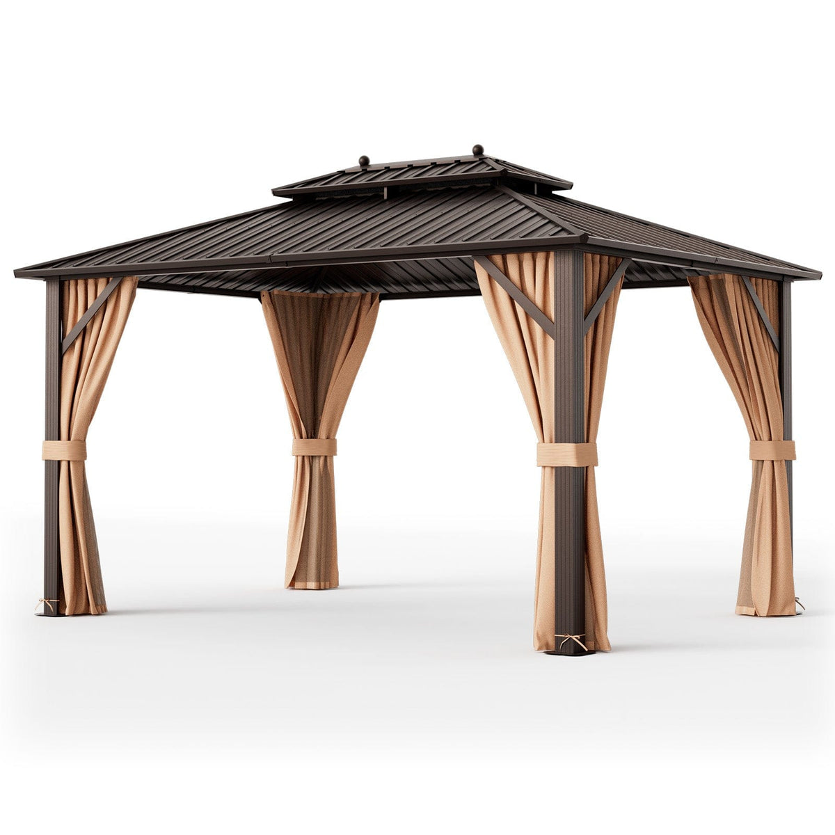 10x13ft Double - Roof Patio Hardtop Gazebo with Galvanized Steel Roof Netting and Curtains - Coffee - Gazebos | Patioza