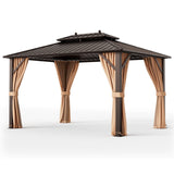 10x13ft Double - Roof Patio Hardtop Gazebo with Galvanized Steel Roof Netting and Curtains - Coffee - Gazebos | Patioza