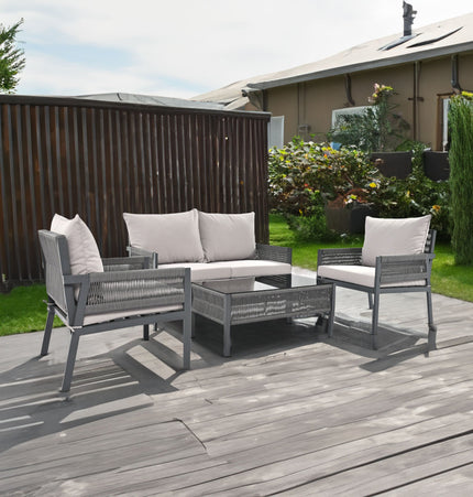 Outdoor Furniture with Tempered Glass Table Deep Seating with Thick Cushion for Backyard Porch Balcony (Grey) - Patio Furniture | Patioza