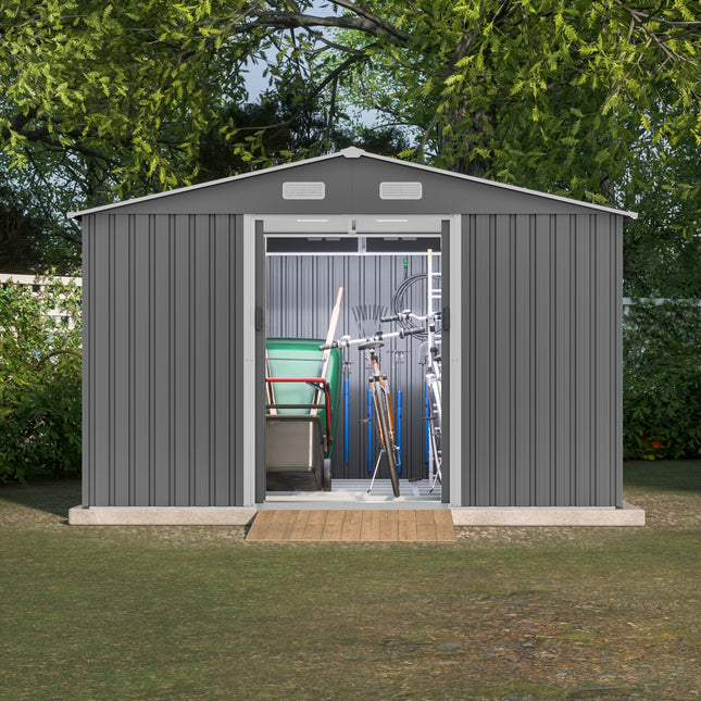 10X8 FT outdoor tool storage shed with metal foundation and lockable door, all - weather metal shed, gray - Storage Sheds | Patioza