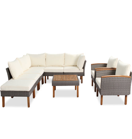9 - piece Patio rattan furniture set with Acacia wooden legs and tabletop sofa set, coffee table washable cushion beige - Patio Furniture | Patioza