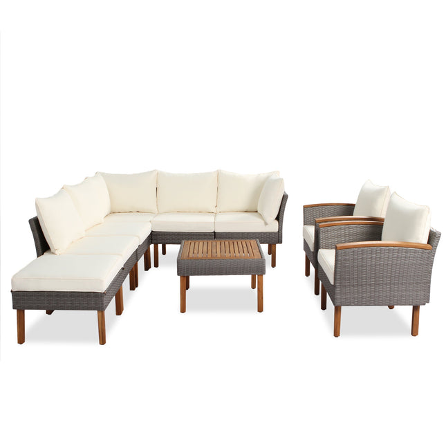 9 - piece Patio rattan furniture set with Acacia wooden legs and tabletop sofa set, coffee table washable cushion beige - Patio Furniture | Patioza