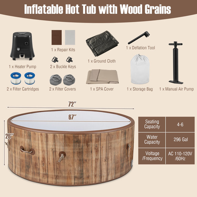 72 Inches Inflatable Hot Tub SPA with 120 Air Jets Electric Heater Pump for 4-6 Person-Coffee - | Patioza