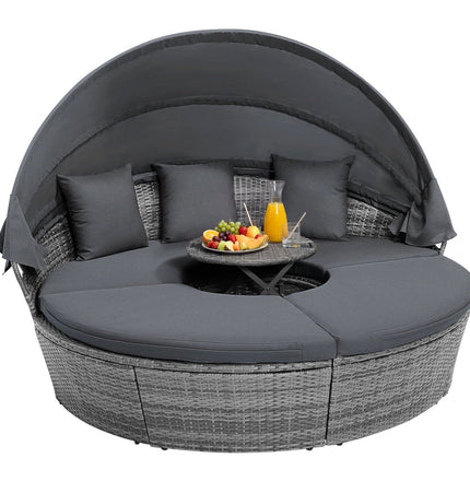 Outdoor PE Wicker Round Daybed with Retractable Canopy and Cushions-Navy