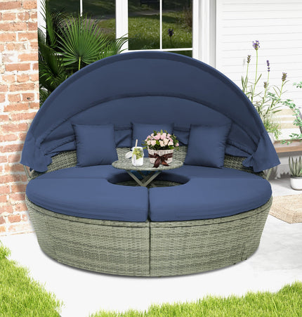 Outdoor PE Wicker Round Daybed with Retractable Canopy and Cushions-Navy