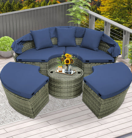 Outdoor PE Wicker Round Daybed with Retractable Canopy and Cushions-Navy