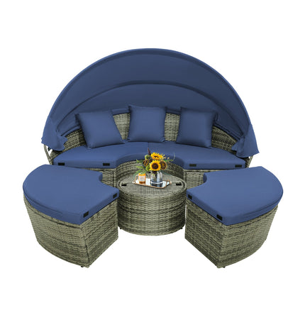 Outdoor PE Wicker Round Daybed with Retractable Canopy and Cushions-Navy