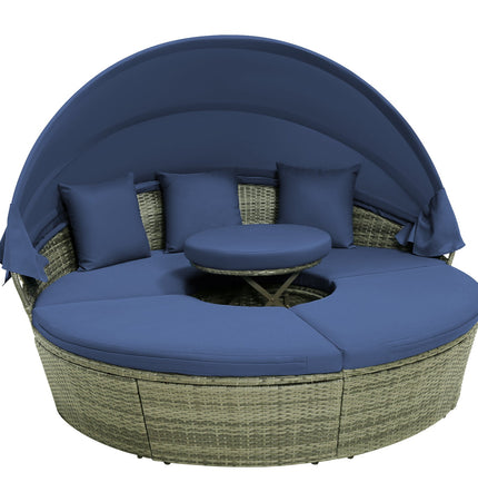 Outdoor PE Wicker Round Daybed with Retractable Canopy and Cushions-Navy