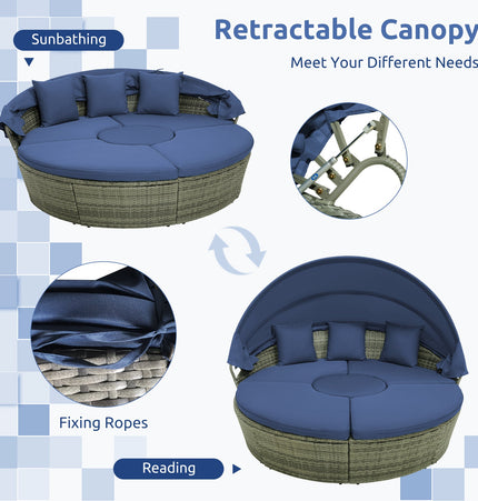 Outdoor PE Wicker Round Daybed with Retractable Canopy and Cushions-Navy