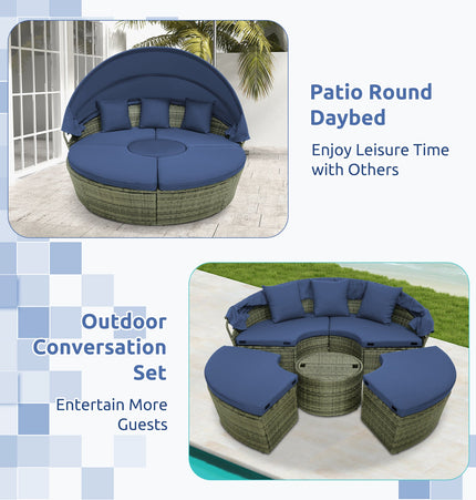 Outdoor PE Wicker Round Daybed with Retractable Canopy and Cushions-Navy