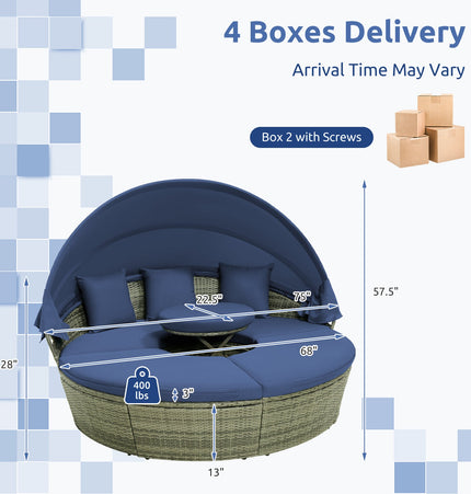 Outdoor PE Wicker Round Daybed with Retractable Canopy and Cushions-Navy