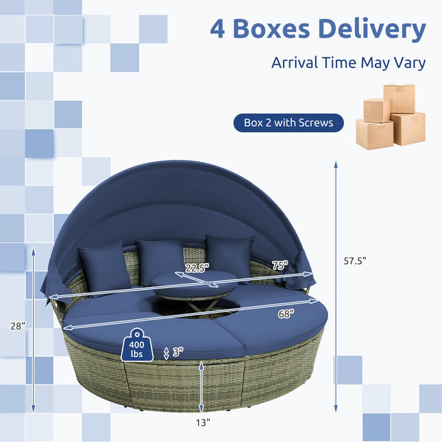Outdoor PE Wicker Round Daybed with Retractable Canopy and Cushions-Navy