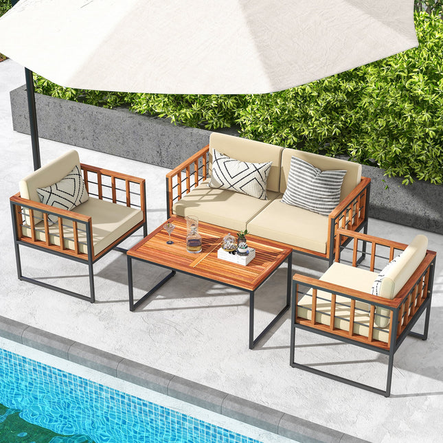 4 Pieces Acacia Wood Outdoor Sofa Set for Balcony Porch Backyard Poolside - Patio Furniture | Patioza