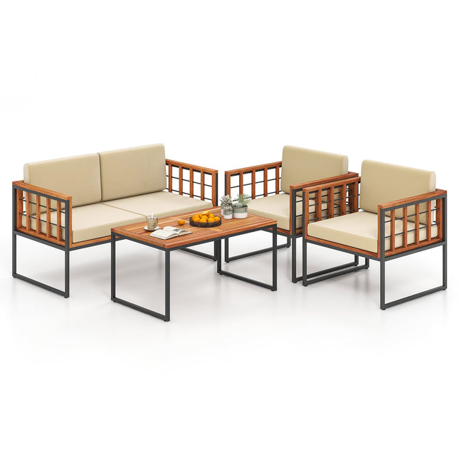 4 Pieces Acacia Wood Outdoor Sofa Set for Balcony Porch Backyard Poolside - Patio Furniture | Patioza