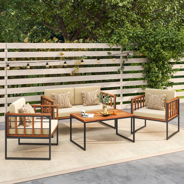 4 Pieces Acacia Wood Outdoor Sofa Set for Balcony Porch Backyard Poolside - Patio Furniture | Patioza