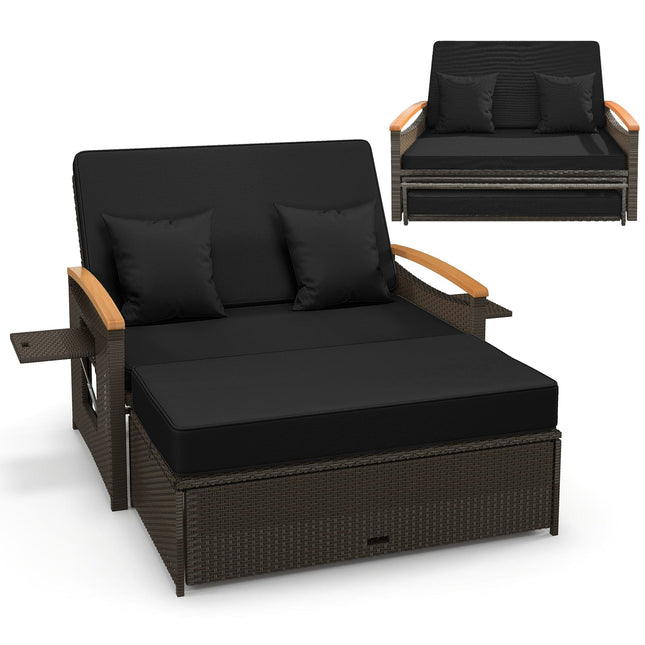 Outdoor Wicker Daybed with Folding Panels and Storage Ottoman - | Patioza