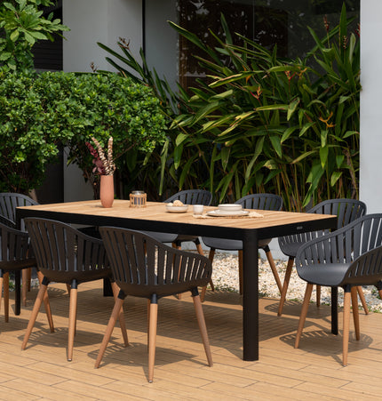 Portals Dark Rectangular Teak Table and 8 Nassau Black Dining Set