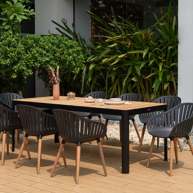 Portals Dark Rectangular Teak Table and 8 Nassau Black Dining Set