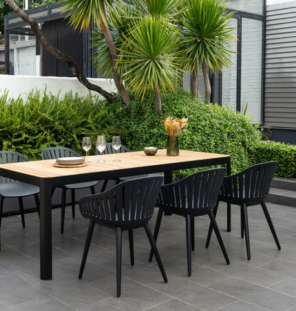Portals Dark Rectangular Teak Table and 6 Nassau Black Aluminum Dining Set