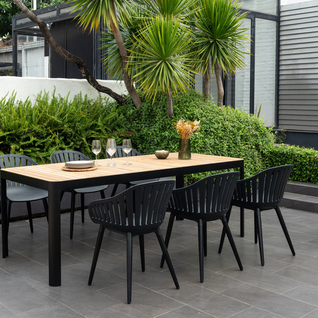 Portals Dark Rectangular Teak Table and 6 Nassau Black Aluminum Dining Set