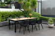 Portals Dark Rectangular Teak Table and 6 Nassau Black Aluminum Dining Set - Patio Dining Sets | Patioza
