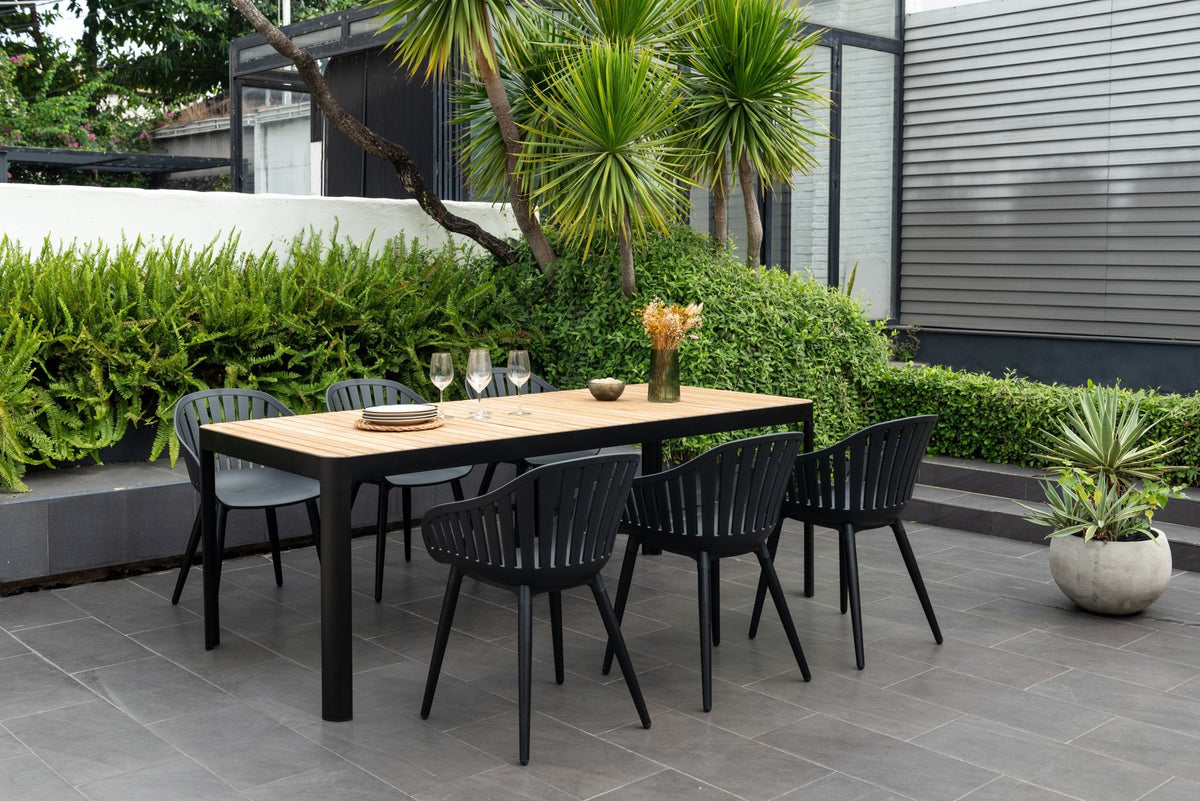 Portals Dark Rectangular Teak Table and 6 Nassau Black Aluminum Dining Set - Patio Dining Sets | Patioza