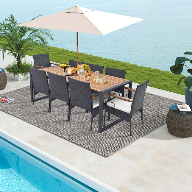 9 Pieces Patio Rattan Dining Set with Acacia Wood Table for Backyard Garden - Curved Handrail - Patio Furniture | Patioza