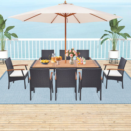 9 Pieces Patio Rattan Dining Set with Acacia Wood Table for Backyard Garden - Wood Handrail - Patio Furniture | Patioza