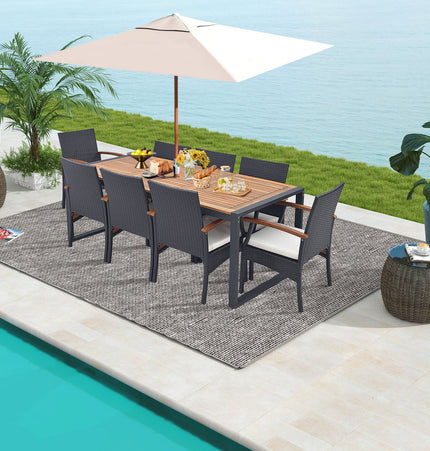 9 Pieces Patio Rattan Dining Set with Acacia Wood Table for Backyard Garden - Wood Handrail - Patio Furniture | Patioza