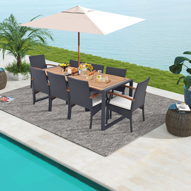 9 Pieces Patio Rattan Dining Set with Acacia Wood Table for Backyard Garden - Wood Handrail - Patio Furniture | Patioza