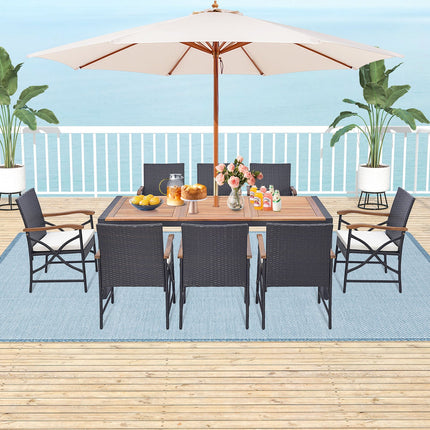 9 Pieces Patio Rattan Dining Set with Acacia Wood Table for Backyard Garden - X - side Handrail - Patio Furniture | Patioza