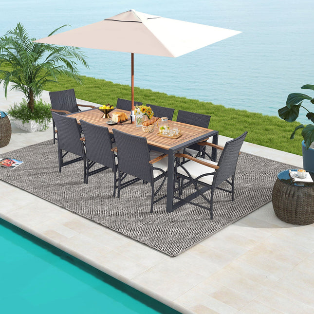 9 Pieces Patio Rattan Dining Set with Acacia Wood Table for Backyard Garden - X - side Handrail - Patio Furniture | Patioza